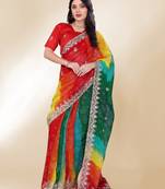 Multi-Color Embroidery On Digital Print Georgette Saree