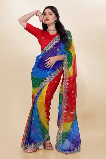 Multi-Color Embroidery On Digital Print Georgette Saree