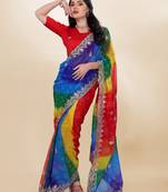 Multi-Color Embroidery On Digital Print Georgette Saree
