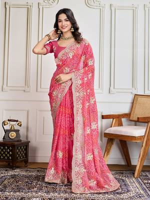  Pink Embroidery On Bandhej Print Georgette Ready To Wear Saree 1