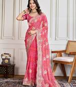  Pink Embroidery On Bandhej Print Georgette Ready To Wear Saree