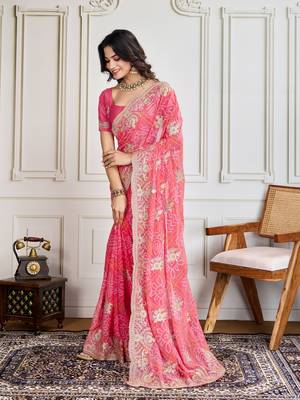  Pink Embroidery On Bandhej Print Georgette Ready To Wear Saree 2