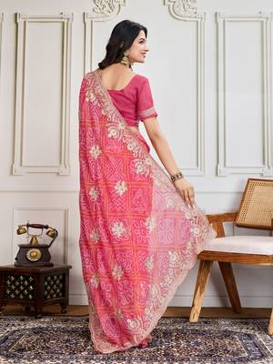  Pink Embroidery On Bandhej Print Georgette Ready To Wear Saree 3