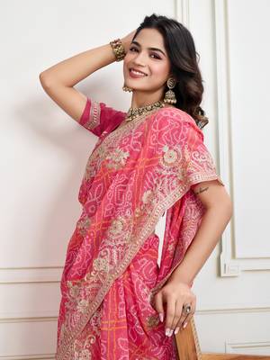  Pink Embroidery On Bandhej Print Georgette Ready To Wear Saree 4