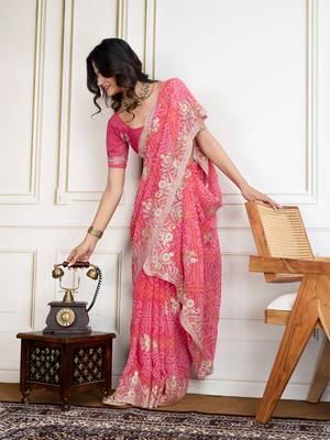  Pink Embroidery On Bandhej Print Georgette Ready To Wear Saree 5