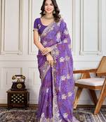 Purple Embroidery On Bandhej Print Georgette Saree