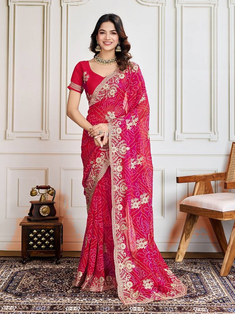  Pink Embroidery On Bandhej Print Georgette Saree