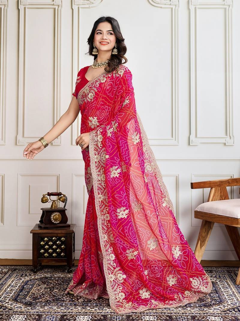  Pink Embroidery On Bandhej Print Georgette Saree