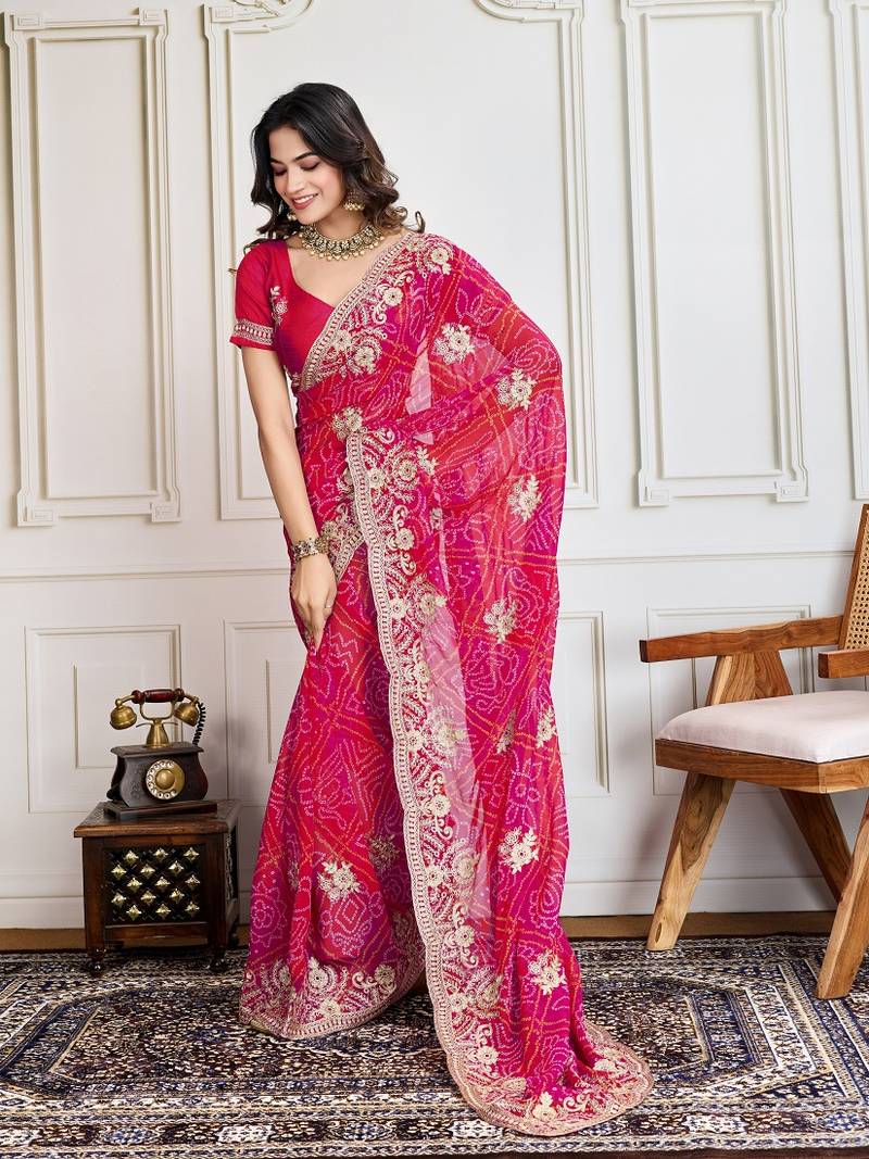  Pink Embroidery On Bandhej Print Georgette Saree