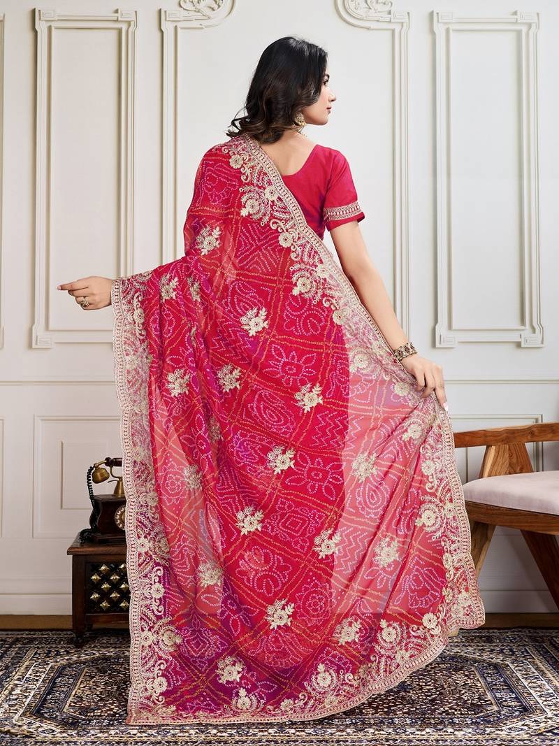  Pink Embroidery On Bandhej Print Georgette Saree