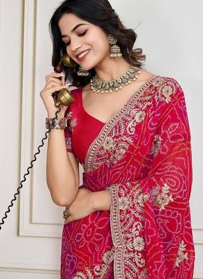  Pink Embroidery On Bandhej Print Georgette Saree 5