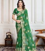 Green Embroidery On Bandhej Print Georgette Saree