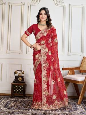 Red Embroidery On Bandhej Print Georgette Saree 1