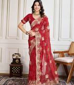 Red Embroidery On Bandhej Print Georgette Saree