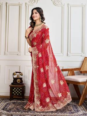 Red Embroidery On Bandhej Print Georgette Saree 2