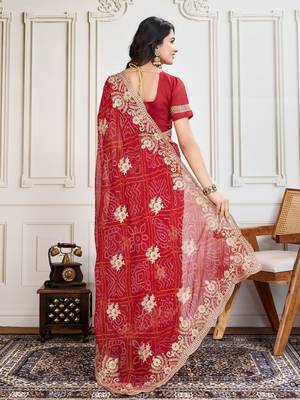 Red Embroidery On Bandhej Print Georgette Saree 3