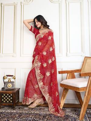 Red Embroidery On Bandhej Print Georgette Saree 4