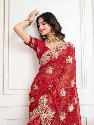 Red Embroidery On Bandhej Print Georgette Saree 5