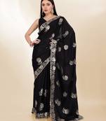 Black Thread And Sequins Embroidered Chinon-Silk Saree
