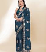 Blue Thread And Sequins Embroidered Chinon-Silk Saree