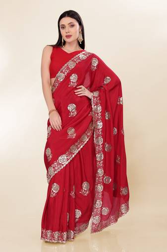 Red Thread And Sequins Embroidered Chinon-Silk Saree Collection