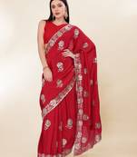 Red Thread And Sequins Embroidered Chinon-Silk Saree Collection