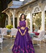 Purple Tussar Silk Floral Print Lehenga Choli