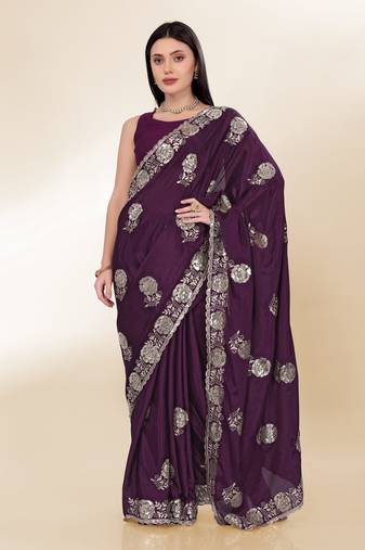 Purple Thread And Sequins Embroidered Chinon-Silk Saree