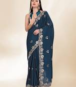 Blue Thread And Sequins Embroidered Chinon-Silk Saree