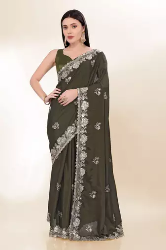 Mahendi-Green Thread And Sequins Embroidered Chinon-Silk Ready To Wear Saree
