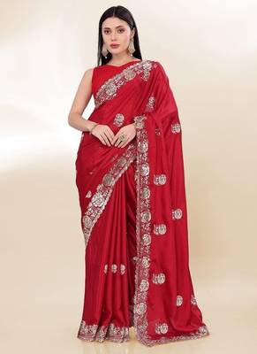 Red Thread And Sequins Embroidered Chinon-Silk Wedding Saree 1
