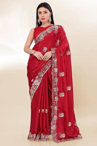 Red Thread And Sequins Embroidered Chinon-Silk Wedding Saree
