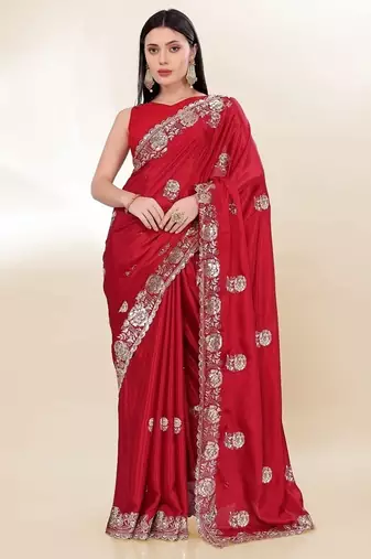 Red Thread And Sequins Embroidered Chinon-Silk Wedding Saree