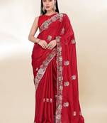 Red Thread And Sequins Embroidered Chinon-Silk Wedding Saree