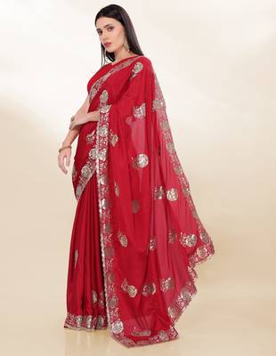 Red Thread And Sequins Embroidered Chinon-Silk Wedding Saree 2