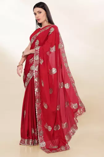 Red Thread And Sequins Embroidered Chinon-Silk Wedding Saree