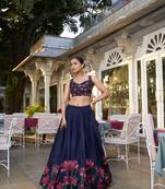 navy blue Tussar Silk Floral Print Lehenga Choli