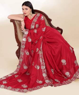 Red Thread And Sequins Embroidered Chinon-Silk Wedding Saree 3