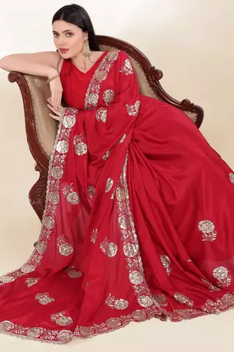 Red Thread And Sequins Embroidered Chinon-Silk Wedding Saree