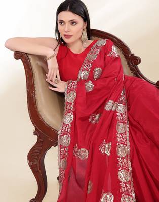 Red Thread And Sequins Embroidered Chinon-Silk Wedding Saree 5