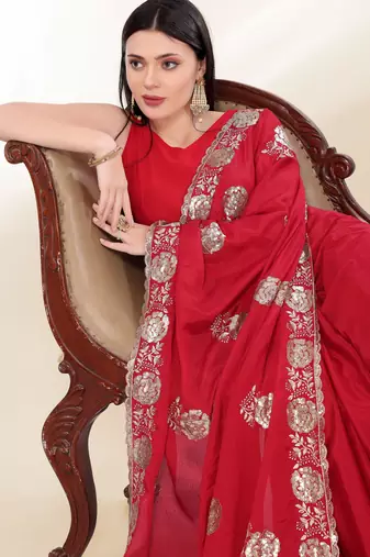 Red Thread And Sequins Embroidered Chinon-Silk Wedding Saree