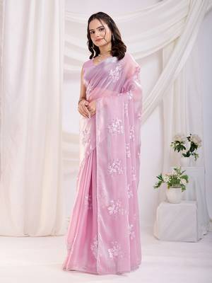 Pink Sequins Embroidered Jimmy Choo fabric wedding Saree 2