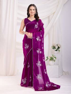 Purple Sequins Embroidered Jimmy Choo fabric wedding Saree 1