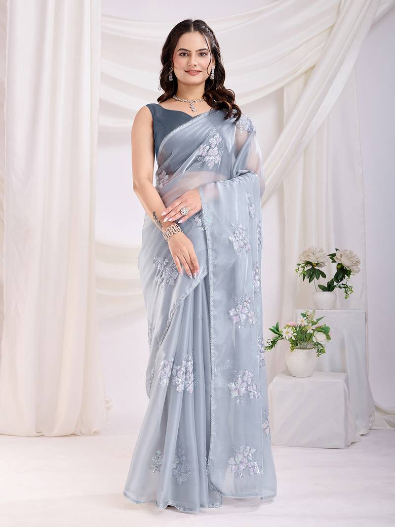 Grey Sequins Embroidered Saree:-Jimmy Choo Saree