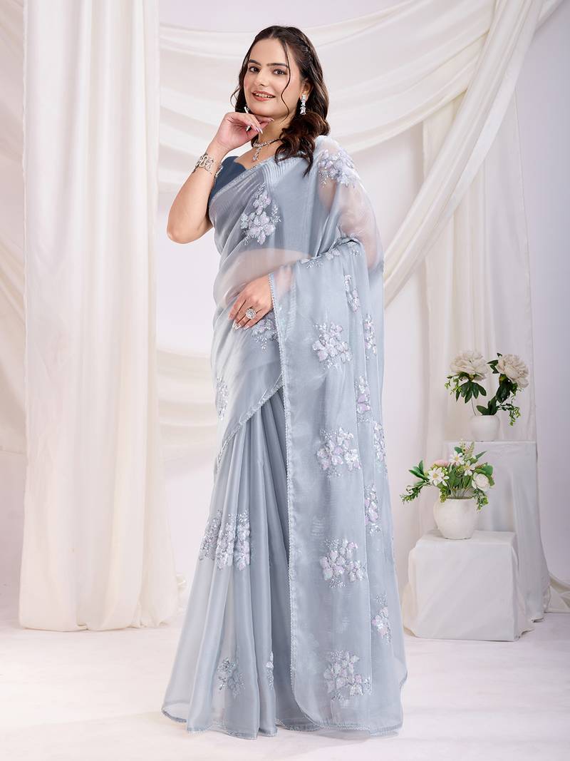 Grey Sequins Embroidered Jimmy Choo fabric Saree