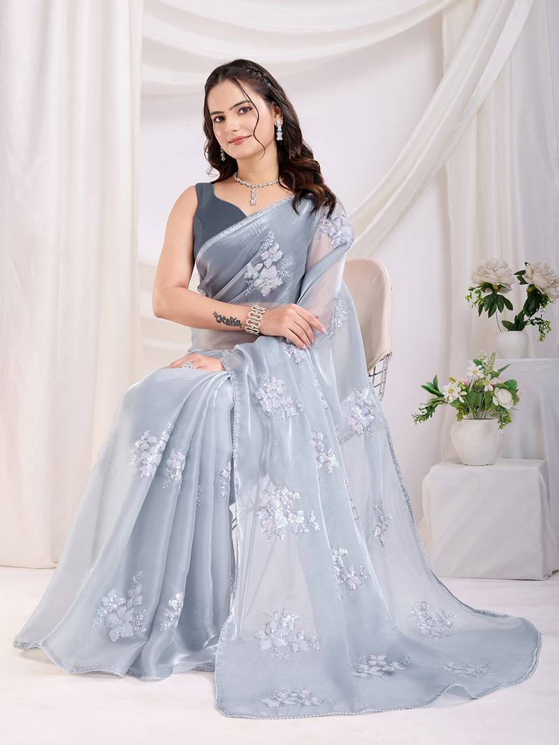 Grey Sequins Embroidered Jimmy Choo fabric Saree
