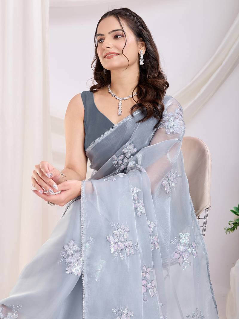 Grey Sequins Embroidered Jimmy Choo fabric Saree