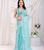 Sky-Blue Sequins Embroidered Jimmy Choo fabric designer Saree