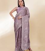 Light-Purple Kashmiri Embroidered Chinon-Silk Ready To Wear Saree
