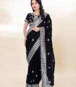 Black Sequins Embroidery On Digital Print Tussar Silk Saree